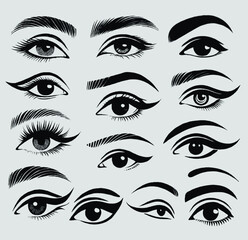 Set of different female eyes. Illustration isolated on white background. Eye icon set. Eyelash extensions, mascara, eyelashes, eyelash extensions. Set of women's eyes. Different types of eyes.	