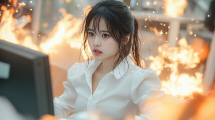 Fototapeta premium A dramatic scene of a young Asian woman in a white-fitted blouse with rolled-up sleeves, showing professionalism but highlighting her distress as flames surround her workspace.