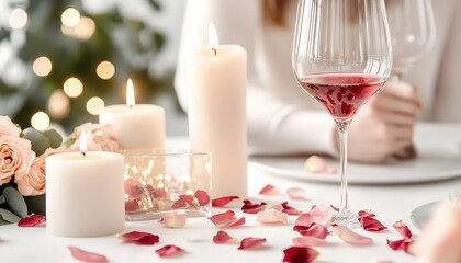 Romantic Candlelit Dinner with Rose Petals and Wine