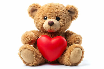 A cute teddy bear holding a red heart, symbolizing love and affection, set against a plain background.