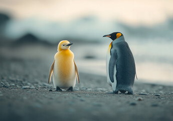 Fototapeta premium A yellow penguin walks next to an emperor penguin on the beach of the South Shetland Islands,