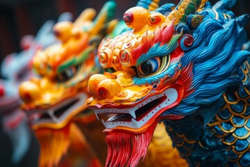 Fototapeta premium Colorful dragon sculptures in vibrant detail at a traditional festival in Asia