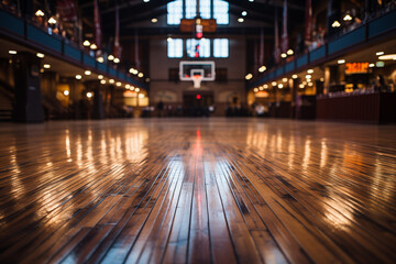 A realistic close-up of a basketball with textured dimples, sitting on a wooden court floor under dramatic stadium lighting