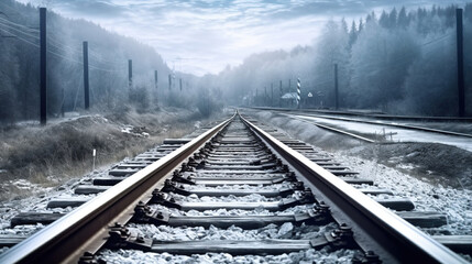 Fototapeta premium Frozen Railway Tracks Through the Misty Forest