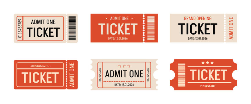 Ticket set, old style. Admit one tickets with bar code. Vintage, retro ticket concert and festival event, movie theater coupon. Vector paper and digital samples icon.