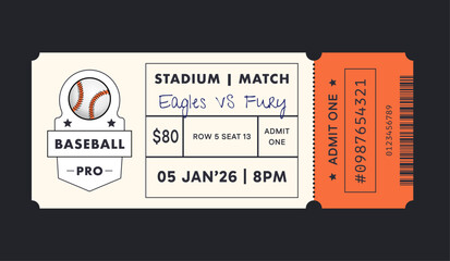 Baseball torn-off ticket template. Vector illustration of entrance ticket for baseball tournament. Modern linear badge design with ball.