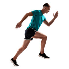 Man in sportswear running on white background