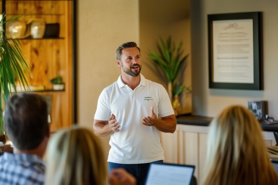 Man giving a presentation to an audience in a casual business setting, wearing a white polo shirt, with blurred attendees in the foreground 