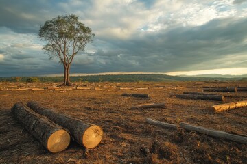 A lone tree standing in a deforested field with logs scattered across the barren ground, highlighting environmental degradation under a dramatic sky