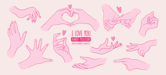 Creative hand drawn elements set with lover hands couple, hands position and heart, vector