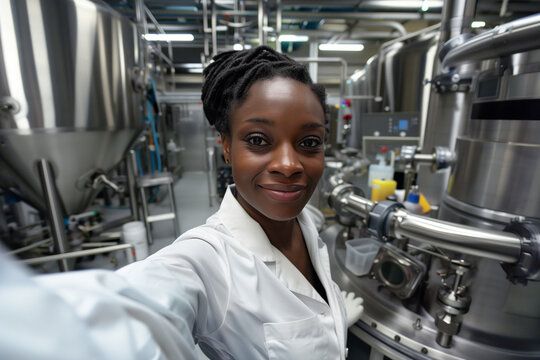 selfie of a female african american pharmaceutical lab scientist pharmacist working In a healthcare factory, International women's day, masculine job for women