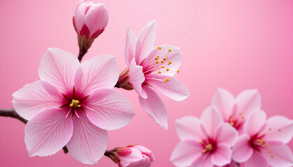 Fototapeta premium Intricate stamens of cherry blossom flowers in macro detail, softly blurred pink background