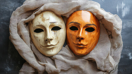 Gold and silver masks in fabric. Used in identity exploration and personality therapy.