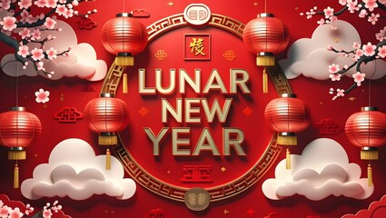 A festive image celebrating the Lunar New Year, featuring red lanterns, cherry blossoms, and a circular design with the words "Lunar New Year" in gold.