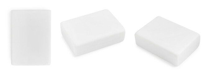 Eraser isolated on white, collage. Different sides