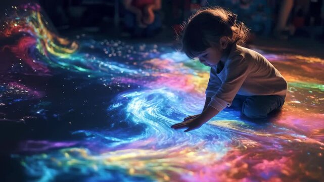 Child Interacts With Colorful Light Display on the Floor in a Playful Setting. Generative AI