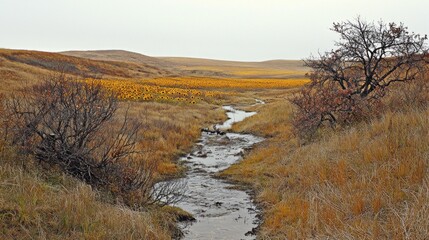 Autumn stream flows through prairie grassland valley