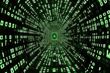 Futuristic Cyber Adventure: Green Binary Code Background with Abstract Tunnel Revealing Digital World