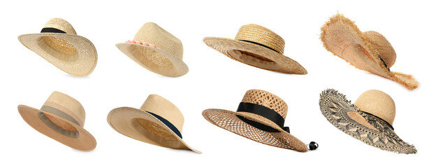 Different stylish straw hats isolated on white, set. Fashionable accessory