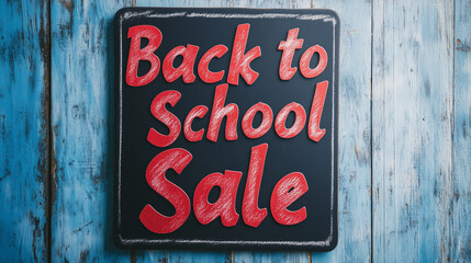Big back to school sale banner with bold red lettering against a blue wooden background