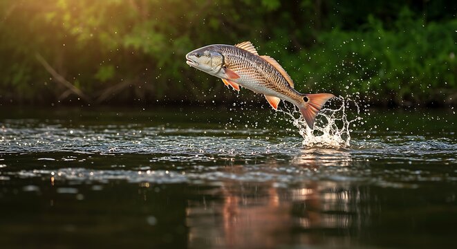 Redfish Leaping: A Dramatic Aquatic Scene in Warm Light