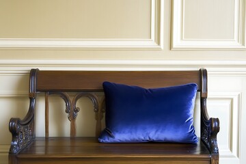 Elegant Wooden Bench with Blue Velvet Cushion