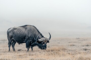 Obraz premium Majestic African Buffalo Grazing in Misty Grassland at Dawn with Soft Light and Subtle Fog Creating Enchanting Atmosphere in Natural Habitat