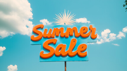 Bright summer sale banner against a clear blue sky filled with fluffy clouds