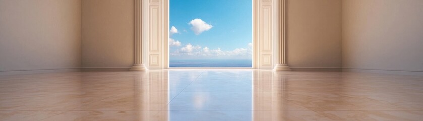 Open Door to Heaven Marble Floor, Classical Columns, Sky View, 3D Render. Digital Art, Surrealism Digital Art, Surrealism