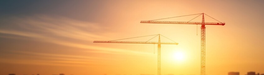 Sunset Silhouette Two Construction Cranes, Golden Hour Construction, Construction Photography Construction, Crane