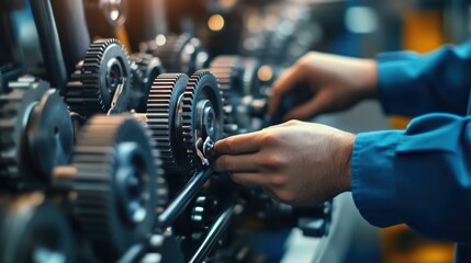 A closeup of an employees hands assembling intricate machinery gears highlighting the mechanical skills and craftsmanship involved in modern assembly processes.
