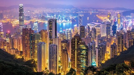 Fototapeta premium Hong Kong Cityscape Night Lights Illuminating Skyscrapers