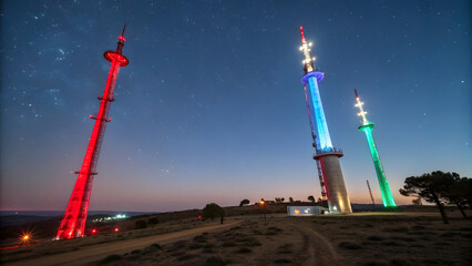 Telecommunications towers standing tall against a dark, starry sky, with vibrant, colorful lighting illuminating their structure