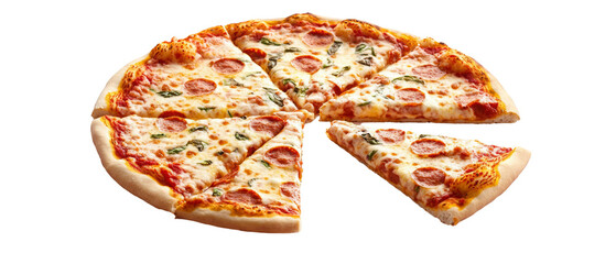 Delicious pizza slices with pepperoni and vegetables on crusty base