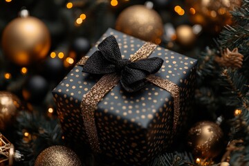 Black and gold polka dot gift box nestled among festive holiday decorations and glowing lights