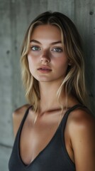 Naklejka premium Portrait of a beautiful blonde woman wearing a simple blouse. Woman posing for a photo with a captivating look.
