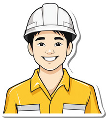 Happy Asian Male Construction Worker Wearing Yellow Uniform