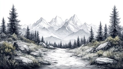Fototapeta premium Monochrome mountain landscape, path leads to snowy peaks through coniferous forest.