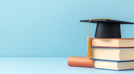 Graduation cap on stack of books, symbol of academic success and knowledge