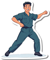 Happy Cartoon Man In Teal Jumpsuit Striking A Pose