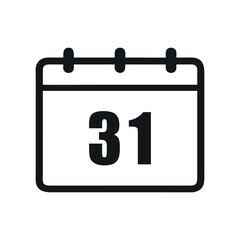 Simple black calendar icon with 31 date isolated on white background