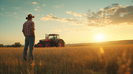 Obraz premium Happy Farmer Standing Proudly in a Field with a Tractor Behind 