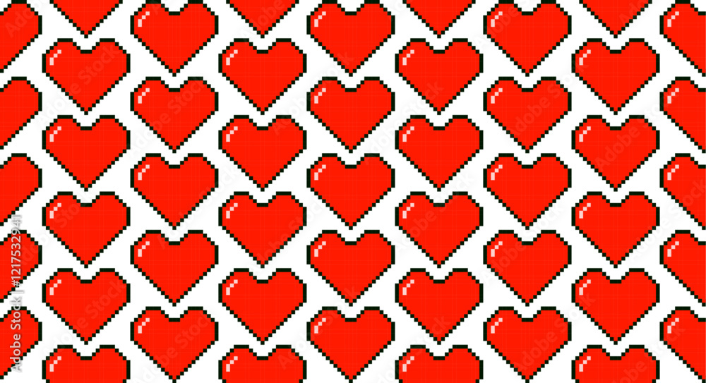 Aufkleber valentine's day seamless pattern with pixel art red heart isolated on transparent background. 8 bit 