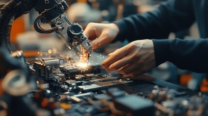 A workers hands fasten the intricate fittings of a robotic arm tools tered around demonstrating the intricate assembly process and advanced technical abilities.