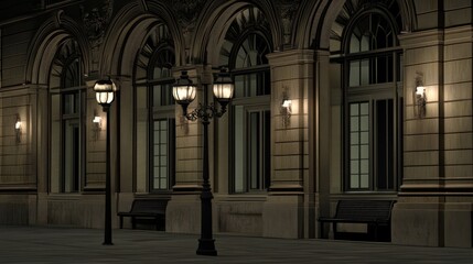 Obraz premium Elegant Building Exterior at Night with Ornate Lighting