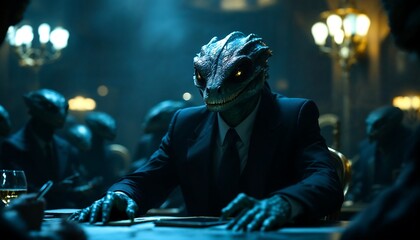 Reptilian Executive: A Darkly Dramatic Boardroom Scene