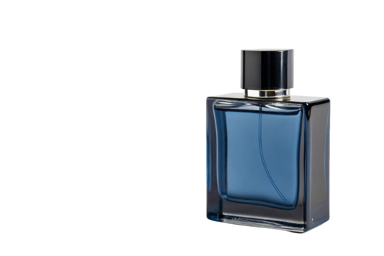 Perfume bottle. Dark blue glass perfume bottle mockup on white background. Isolated. Space for copy. Png.