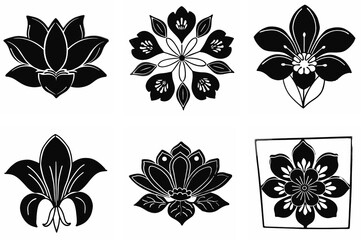 Flower Set of Black Blossom Icons Silhouette Design on White Background