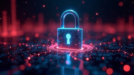 cybersecurity concept, glowing neon padlock, digital lock with keyhole, abstract tech background