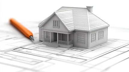 House construction blueprint design, architectural plans with pencil illustration for residential building
